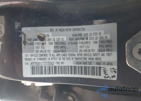 2007 Mazda Cx-9 Touring from USA, damaged, VIN JM3TB38Y270100542